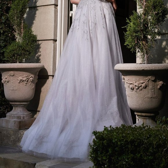 SILVER BEADED PROM PARTY WEDDING EVENING FORMAL A-LINE PUFF SLEEVE GOWN CD707 - Picture 6 of 7